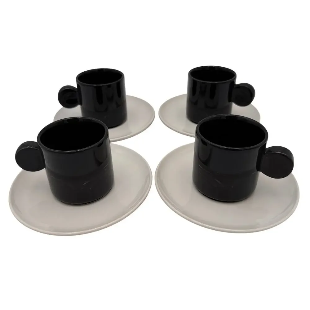 Vintage Coffee Espresso Cups & Saucers Set of 4 Pier One Imports Black White